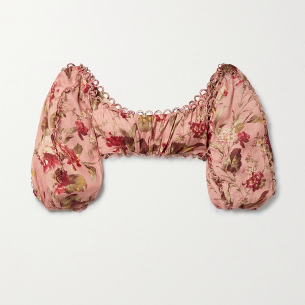 Zimmermann Cassia Cropped Scalloped Floral-print Linen Top - Pink